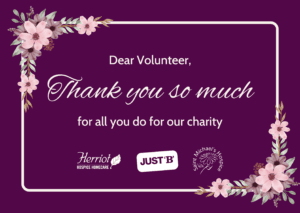 Maroon postcard with "Dear Volunteer, Thank you so much for all you do for our charity"
