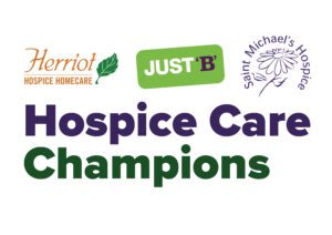 A group of logos for Saint Michael's Hospice, Herriot Hospice Homecare and Just 'B' with the words Hospice Care Champions on a white background